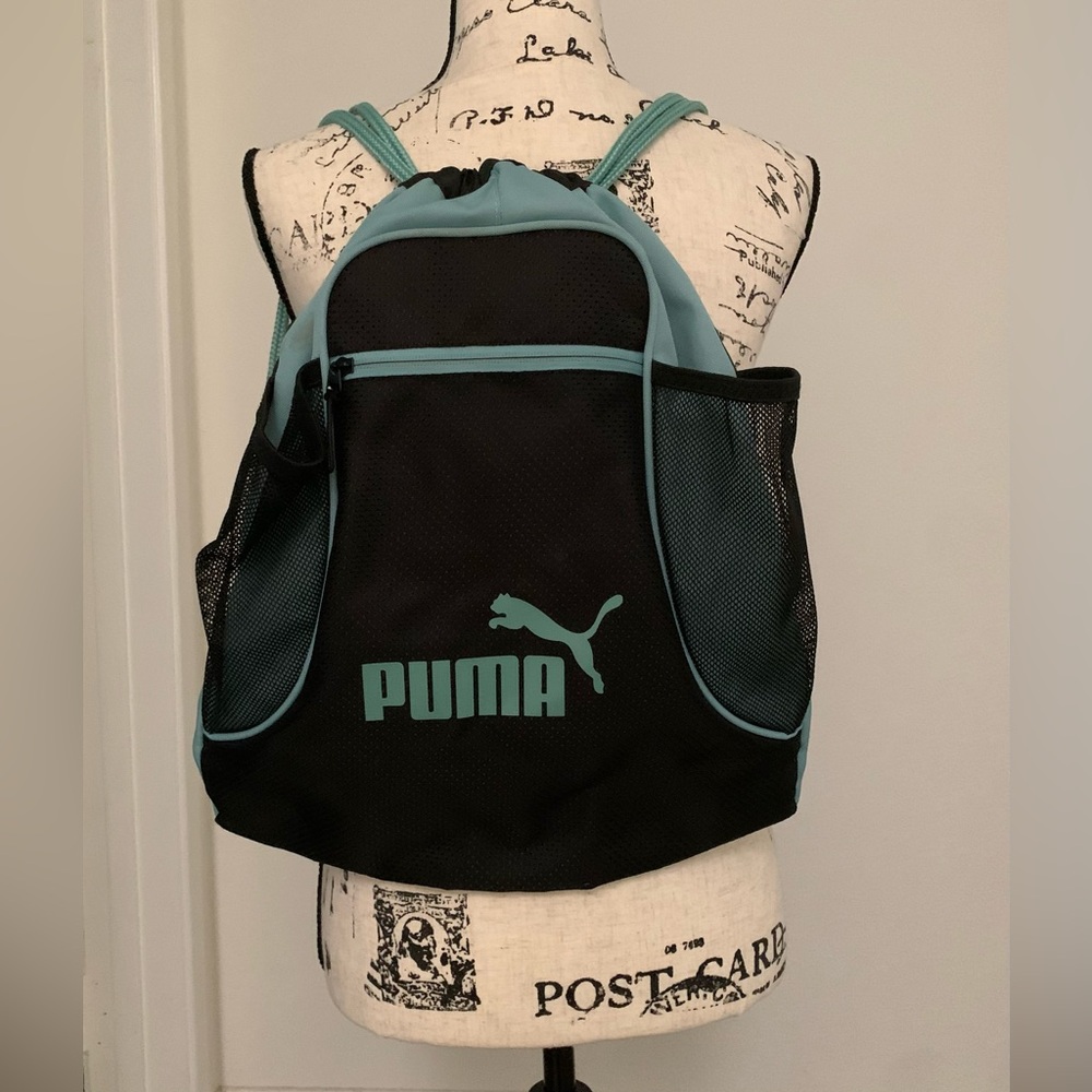 🌿 Puma Black Teal Mesh Drawstring Backpack